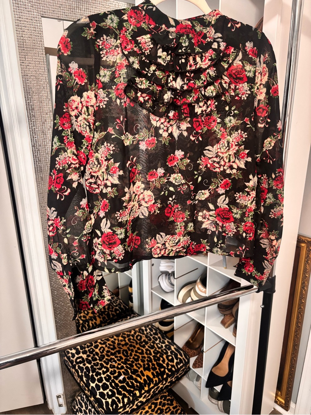 True Destiny Black Floral Ruffle-Neck Blouse with Red & Cream Roses